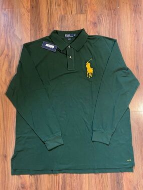 NWT Polo Ralph Lauren Men Long Sleeve Big Pony Polo Shirt Green Yellow 3XLT
